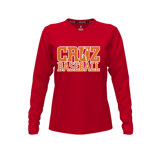 [CUS-DFW-TEES-PER-VNK-LSL-RED-FYXS-LOGO1] Decker Performance T-Shirt (Female Youth XS, Red, V Neck, Logo 1, Long Sleeve)
