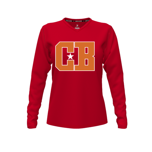 [CUS-DFW-TEES-PER-VNK-LSL-RED-FYXS-LOGO2] Decker Performance T-Shirt (Female Youth XS, Red, V Neck, Logo 2, Long Sleeve)
