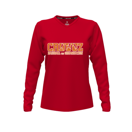 [CUS-DFW-TEES-PER-VNK-LSL-RED-FYXS-LOGO3] Decker Performance T-Shirt (Female Youth XS, Red, V Neck, Logo 3, Long Sleeve)